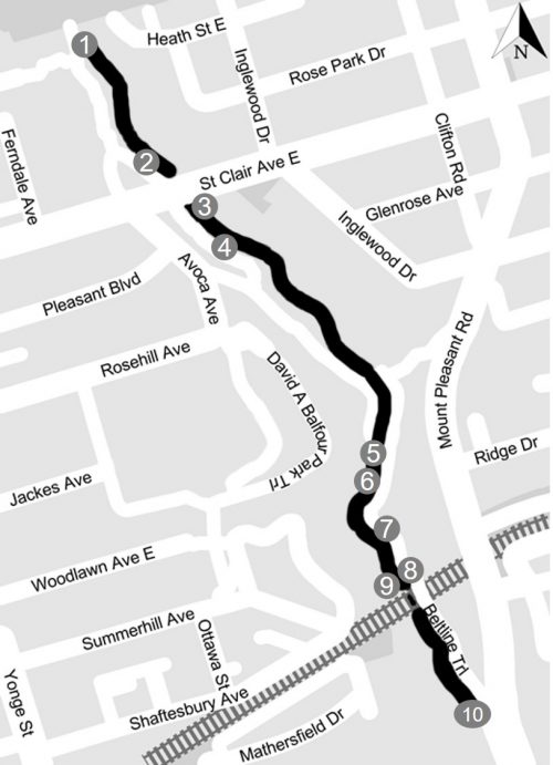 Map of Yellow Creek Study Area from the source outfall (near Heath Street, south of the cemetery) to the inlet point (south of CP Rail).