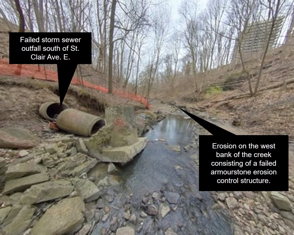 Yellow Creek failed storm sewer outfall south of St Clair Avenue East and erosion on the west bank of the creek consisting of a failed armourstone erosion control structure