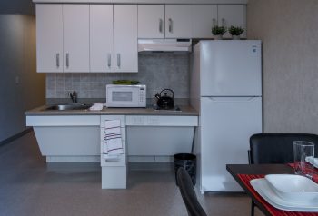 kitchen in 11 Macey Ave unit. Includes microwave, stove, kettle, and fridge.