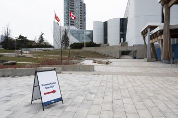 sign that points to the warming centre. outside the civic centre