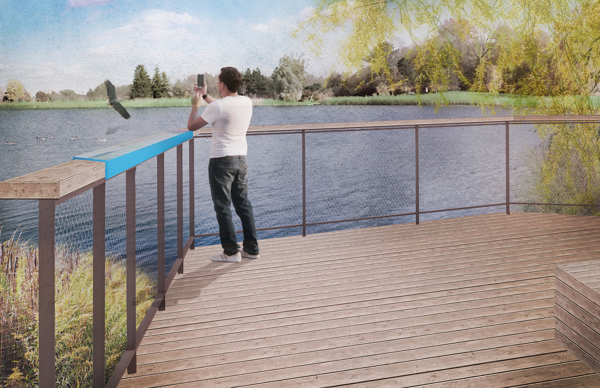 This view demonstrates what a lookout deck could look like. Shown is a wooden deck overlooking the pond with signage integrated into the guardrail.
