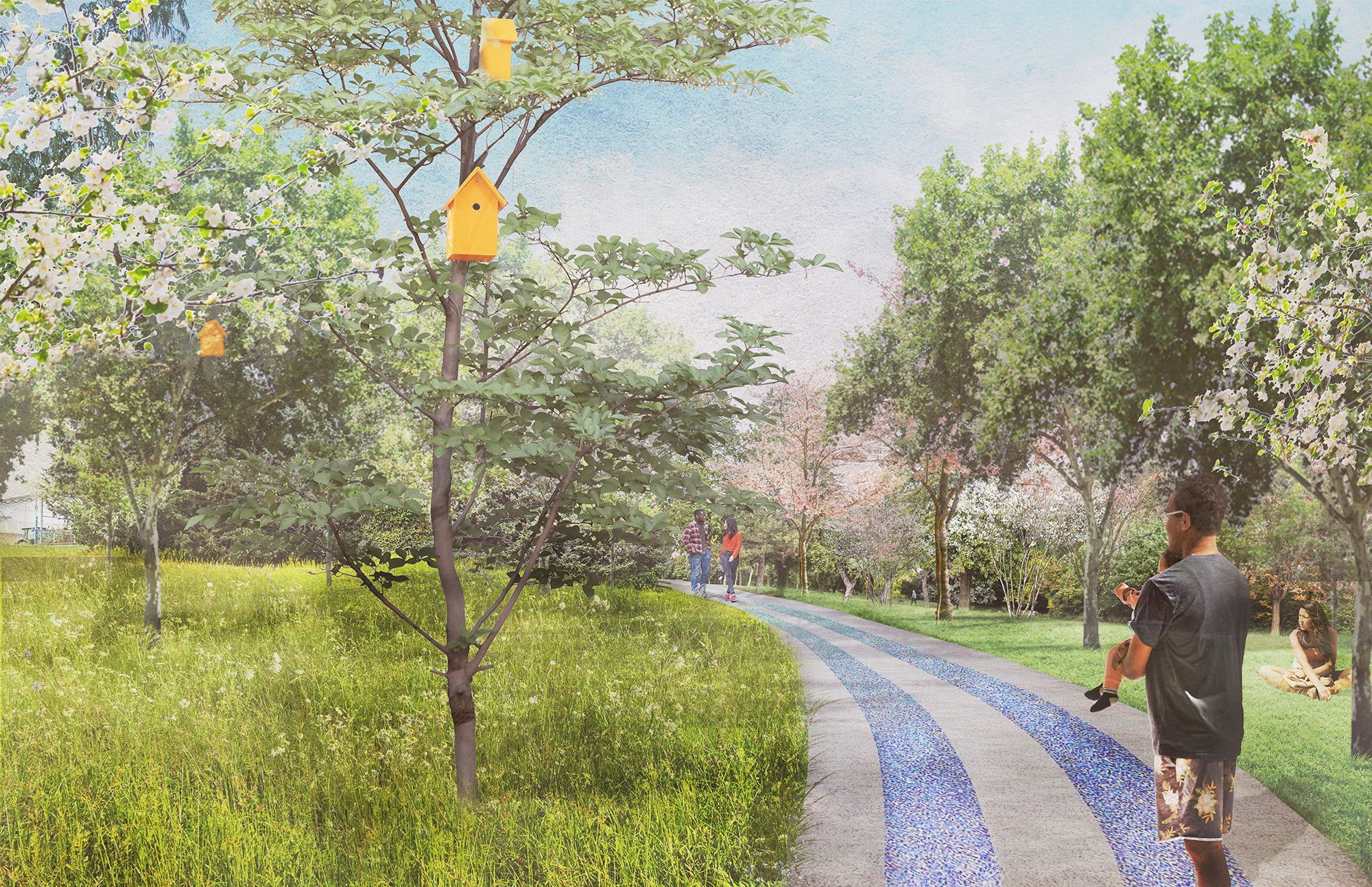 This view demonstrates what the Two-Row Wampum Belt path and orchard could look like. Featured are some ecological art in the form of birdhouses, meadow planting on one side of the path and mown picnic lawn on the other.