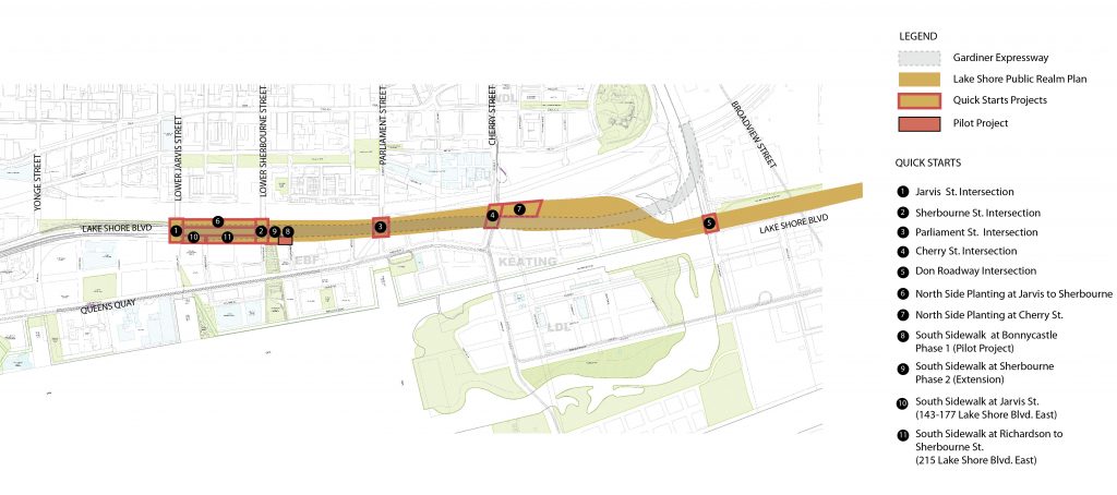 A map showing the locations of the Proposed Quick Start Projects along Lake Shore Blvd.