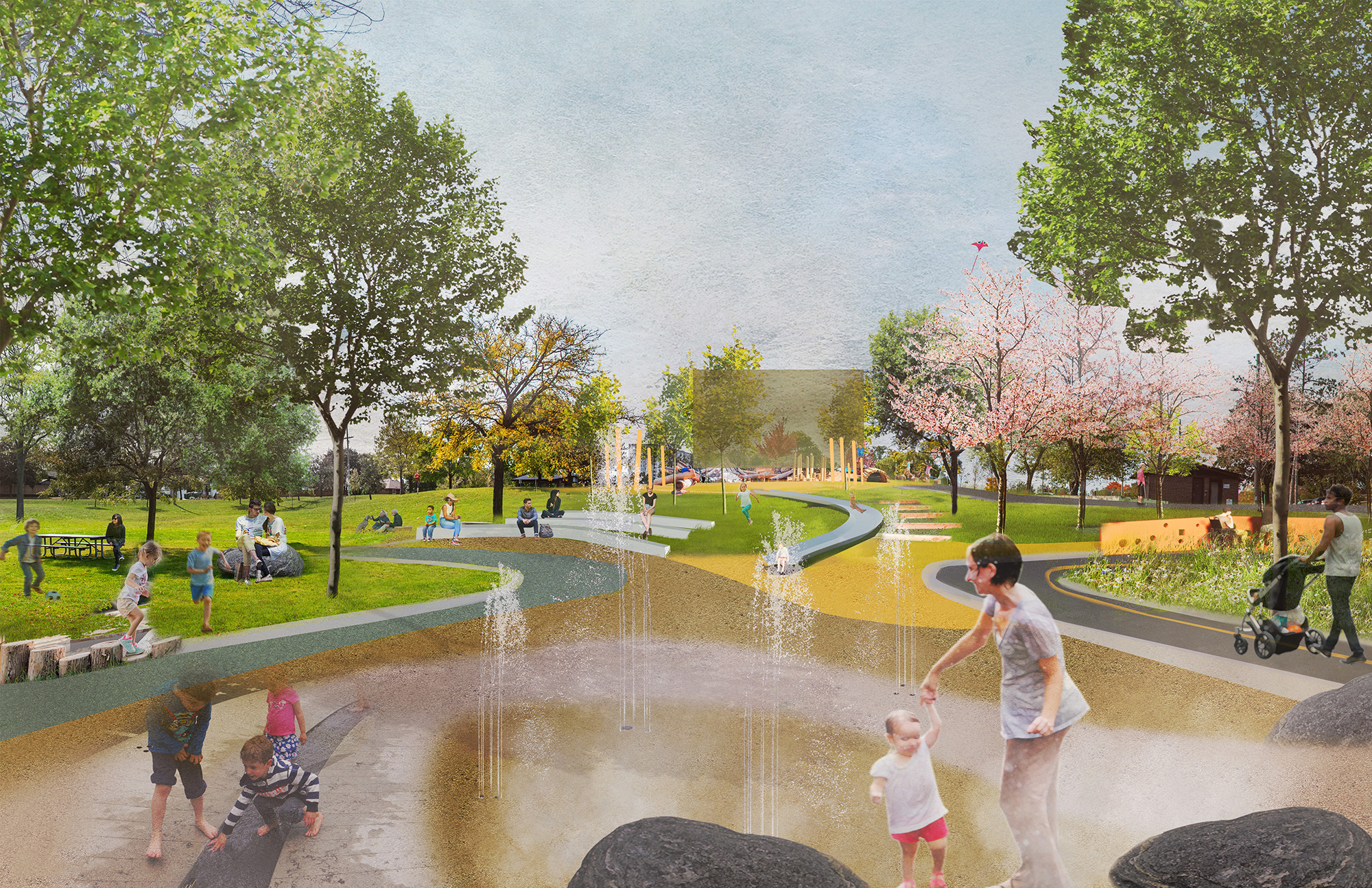 This view demonstrates what the playground and splashpad that straddle a slope. At the base of the slope is the hard-surfaced splashpad with an integrated creek. An accessible path with sensory play connects the top and bottom of the slope, with the majority of the play equipment located at the top (outside of the creek ravine). An accessible amphitheatre provides an outdoor teaching space.