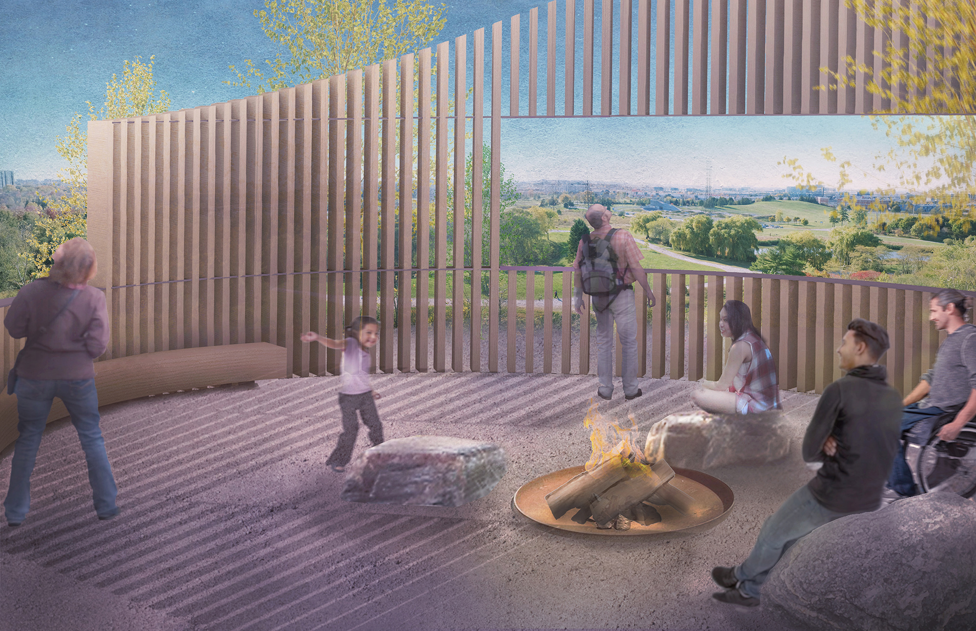 This view demonstrates what the art lookout at the top of the hill could look like. Show are a wooden slat structure providing shelter, a fire pit for ceremonies, integrated seating and boulders.
