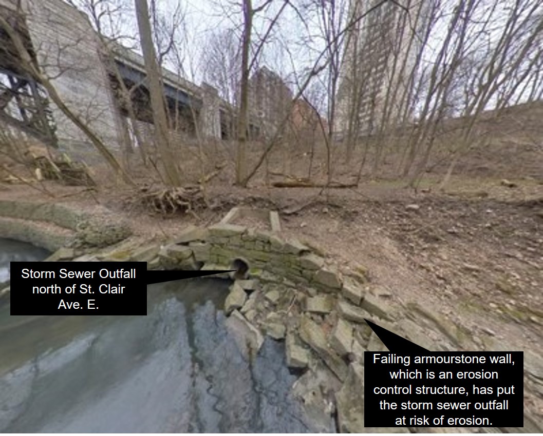 Yellow Creek storm sewer outfall north of St Clair Avenue East and the failing armourstone wall, which is an erosion control structure, has put the storm sewer outfall at risk of erosion.