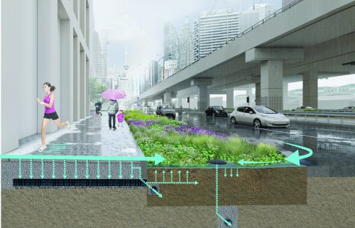 An artist rendering of the South Sidewalk Pilot Project, which shows reconstruction using porous pavers over a permeable sub-base instead of concrete.