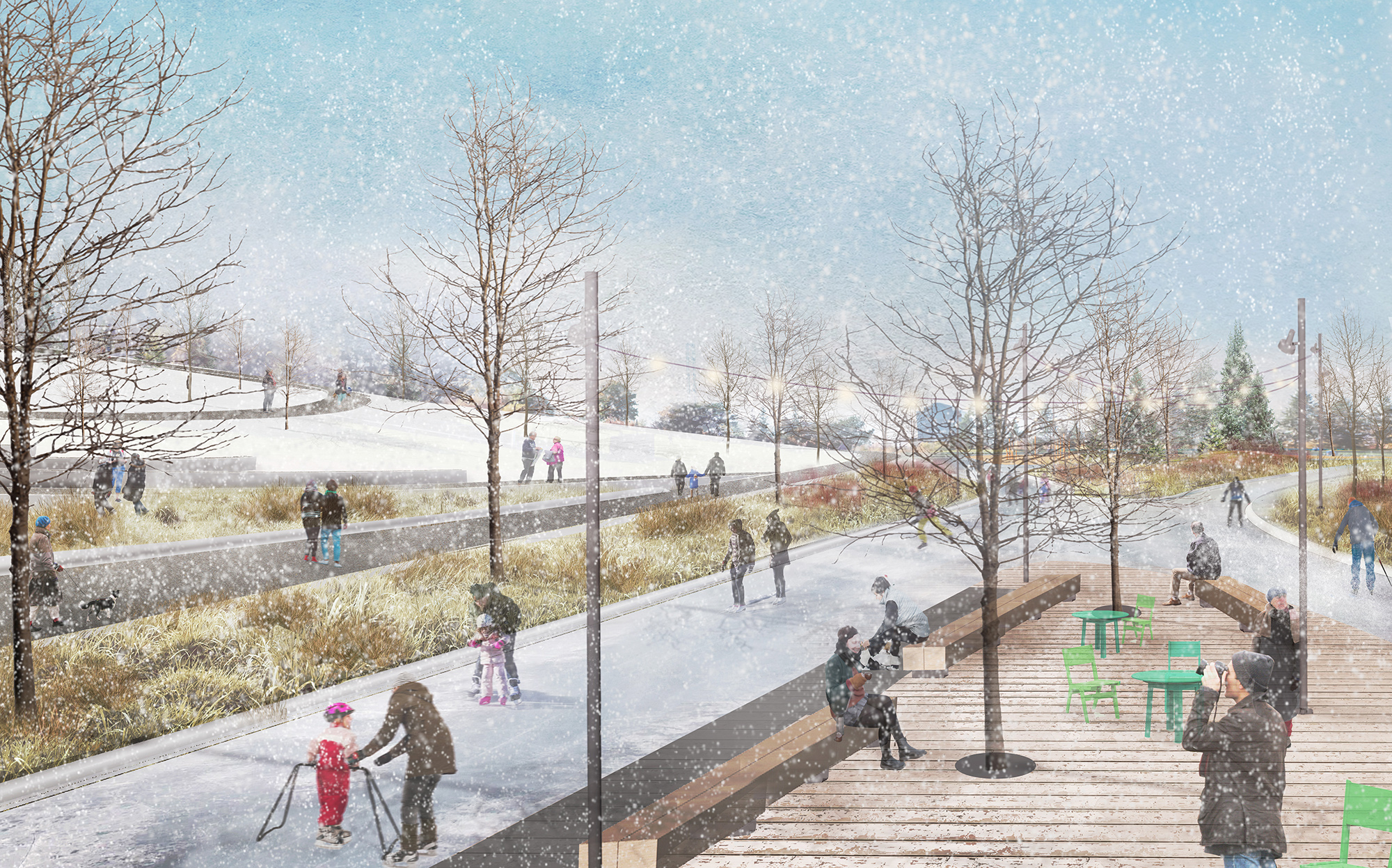 This view demonstrates what the skate trail plaza at the bottom of the hill could look like. Included in the view are the accessible path up the hill, amphitheatre and seating deck in the middle of the figure eight skate trail. Between the hill and the skate trail is the asphalt fitness loop.