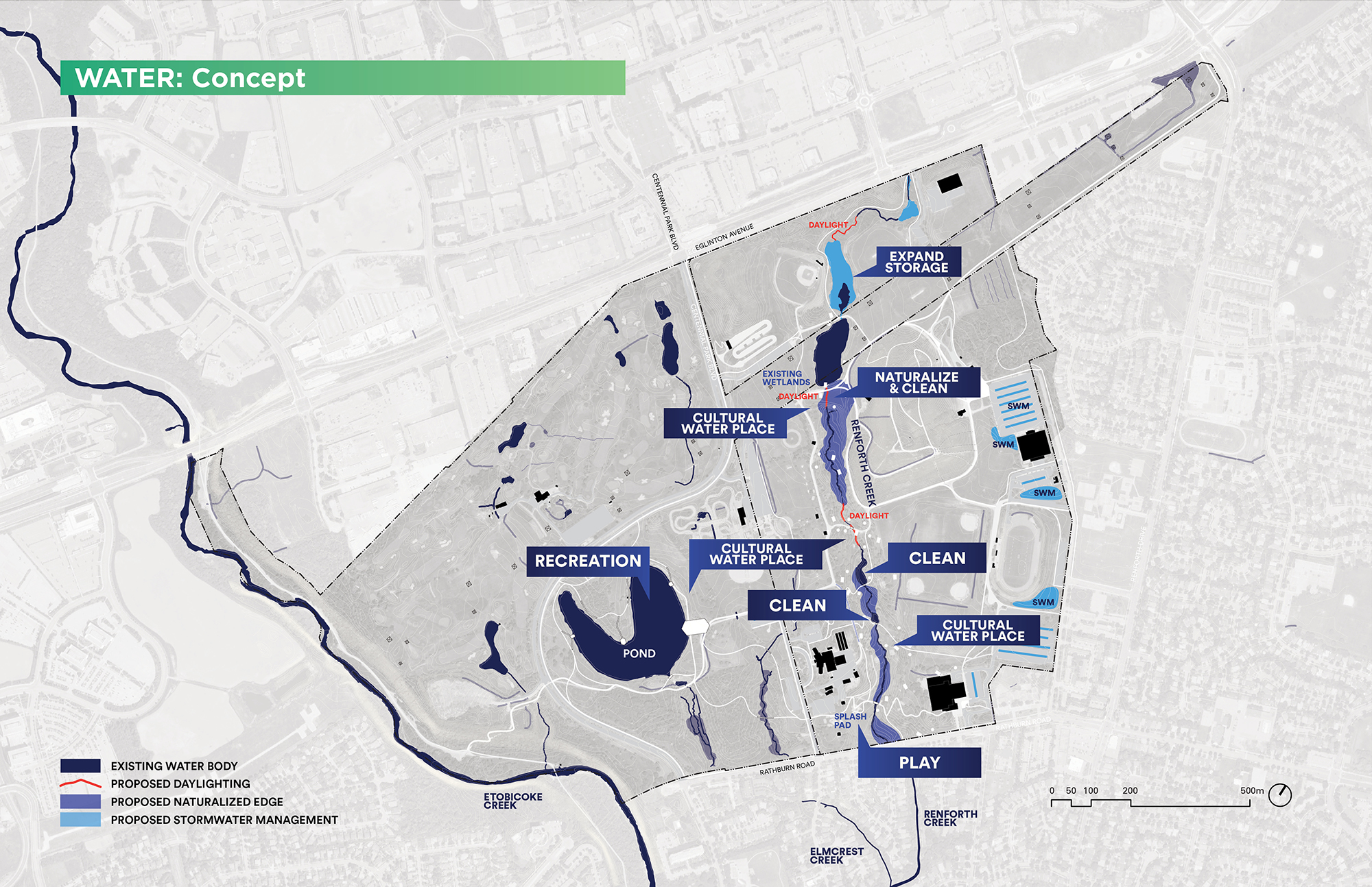 This plan image depicts the water concept for the site. Organized in terms of recreation (the pond), play (new splashpad with the district playground), areas for expanded stormwater storage (in the north of the site), areas for naturalization and cleaning (the middle portions of Renforth Creek), and then specific locations to be maintained as “cultural water places” (places where access, proximity and visibility to water are prioritized.)