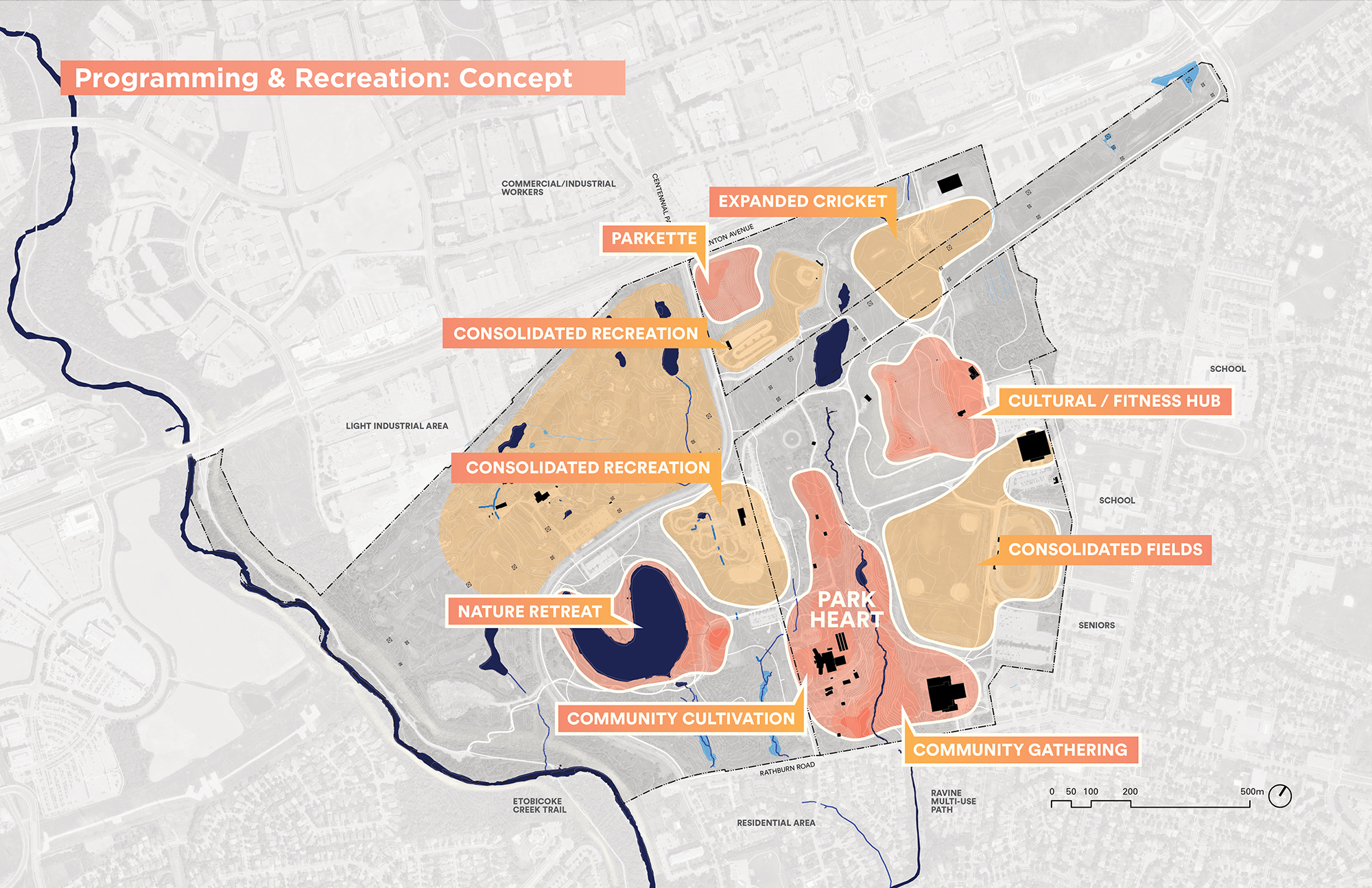 This plan image depicts the concept for the programming and recreation which includes consolidated soccer, baseball and cricket fields; a cultural/fitness hub to repurpose the ski hill; a nature retreat at the pond, and a community gathering/cultivation area in the area being called “the heart of the park”, centered around the conservatory, olympium and playground.