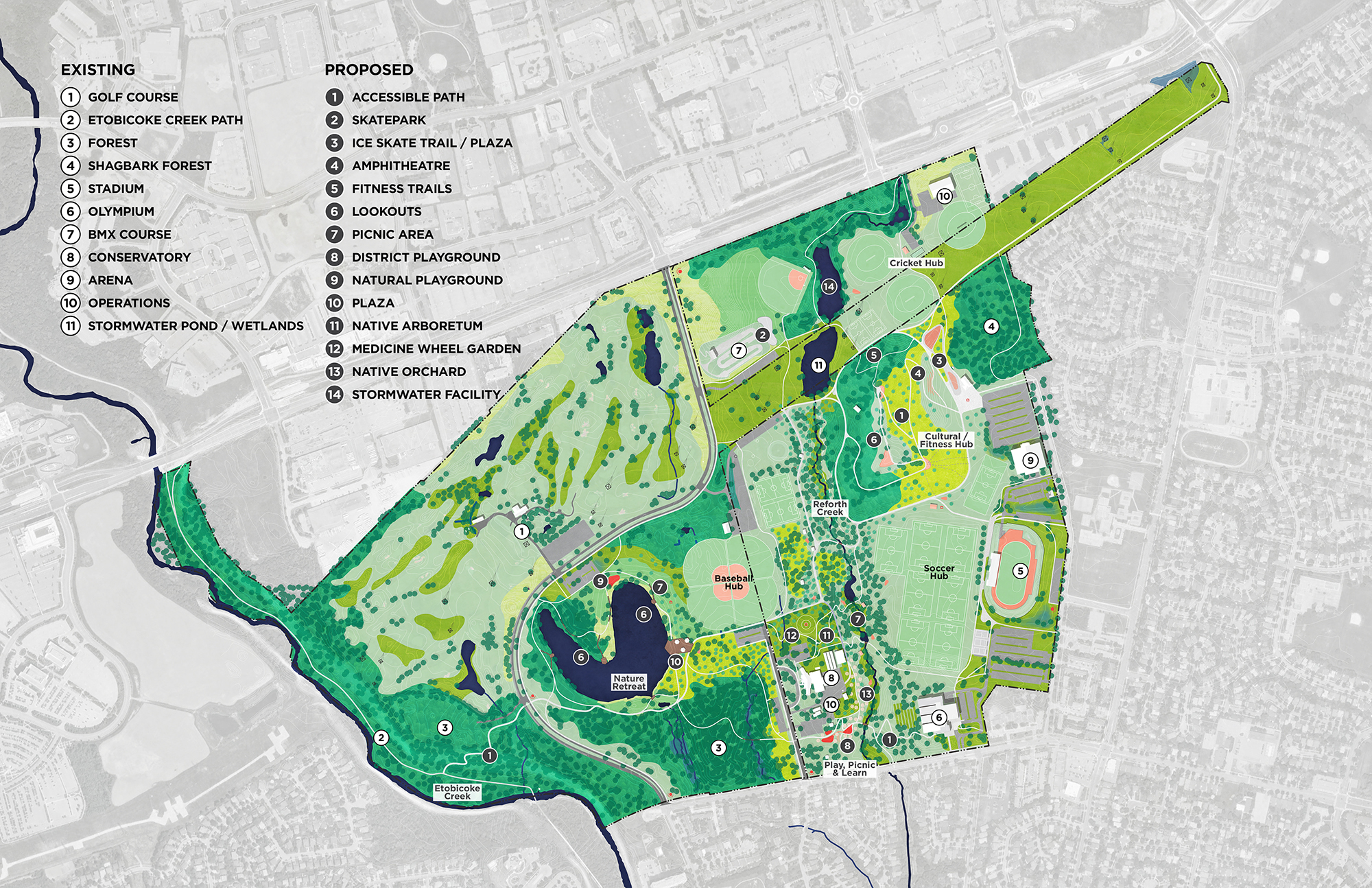 The masterplan image depicts a number of key existing features and improvements. Key existing features include Etobicoke Creek and path on the west side of the park; a manmade pond in the west area of the park; Renforth creek down the middle of the park, a hydro corridor running east-west across the park; an existing golf course; flying circle; BMX course; mini-indy; ski hill; baseball, soccer and cricket fields; stadium, arena, olympium, and conservatory buildings; and two existing forested areas. New features include an accessible path to Etobicoke Creek; nature lookouts on the pond; play and picnic areas; seperate baseball, soccer, and cricket hubs; an amphitheatre, art lookouts,fitness trails and accesible path on the re-purposed ski hill; a plaza and skate trail at the base of the hill; and naturalization of a portion of Renforth Creek.