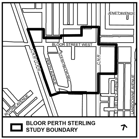 The Bloor Street West Study area is generally bounded by; the north side of Bloor Street West, St. Helen’s Avenue to the east, the Kitchener GO Rail corridor to the west and Sterling Road to the south.