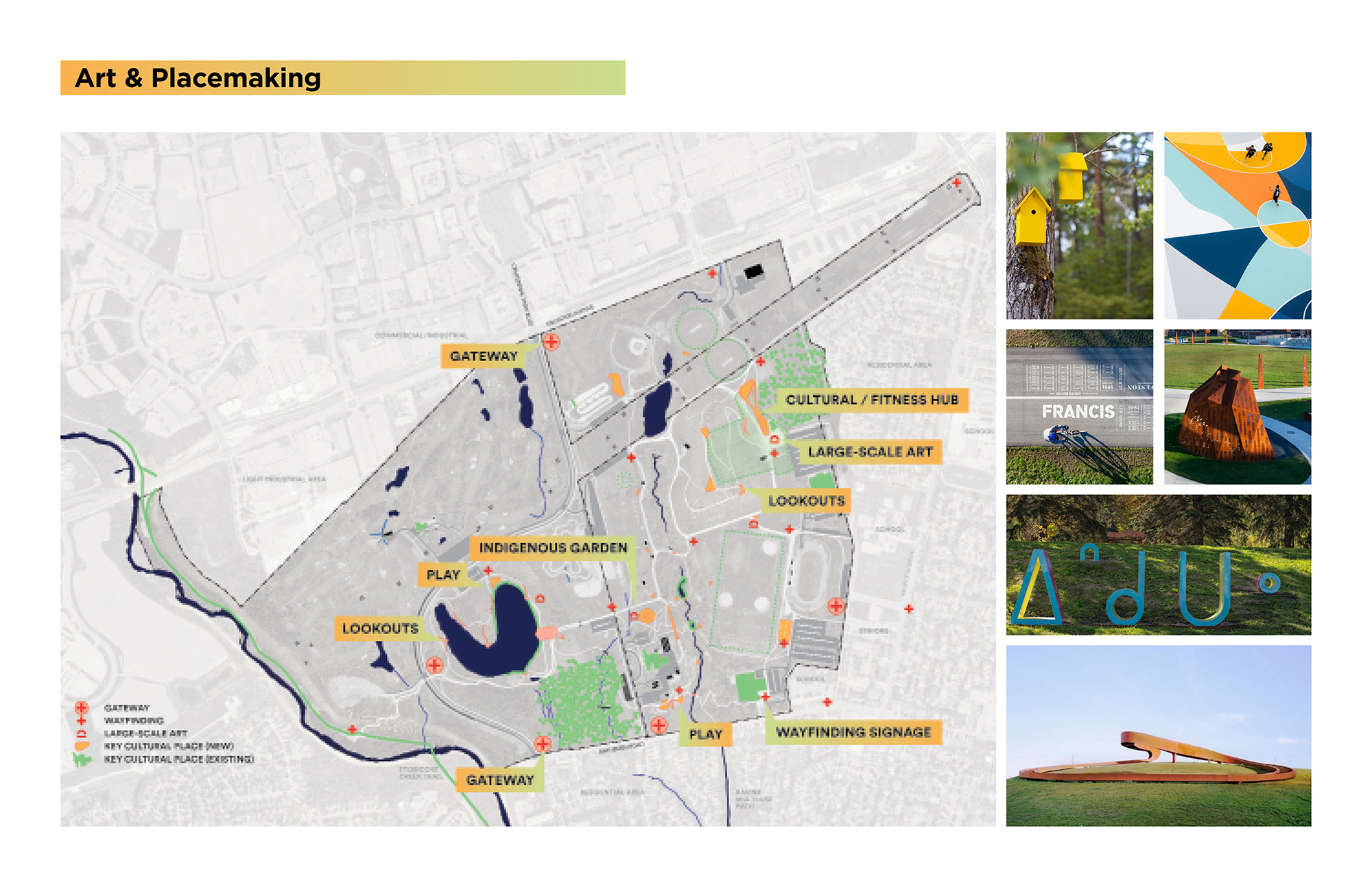 This plan image depicts the proposed placemaking features. This includes wayfinding signage located at key intersections throughout the site; gateways at key entrances; large-scale art located by the pond, conservatory and hill; key new cultural places (including playgrounds, plazas, gardens and lookouts