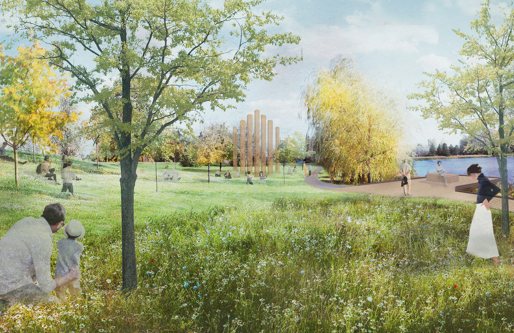 This view demonstrates what the picnic hill could look like. Shown in the view are a mowed picnic area, adjacent meadow area, a small accessible lookout deck, asphalt and boardwalk paths with wayfinding signage and large-scale Indigenous art.