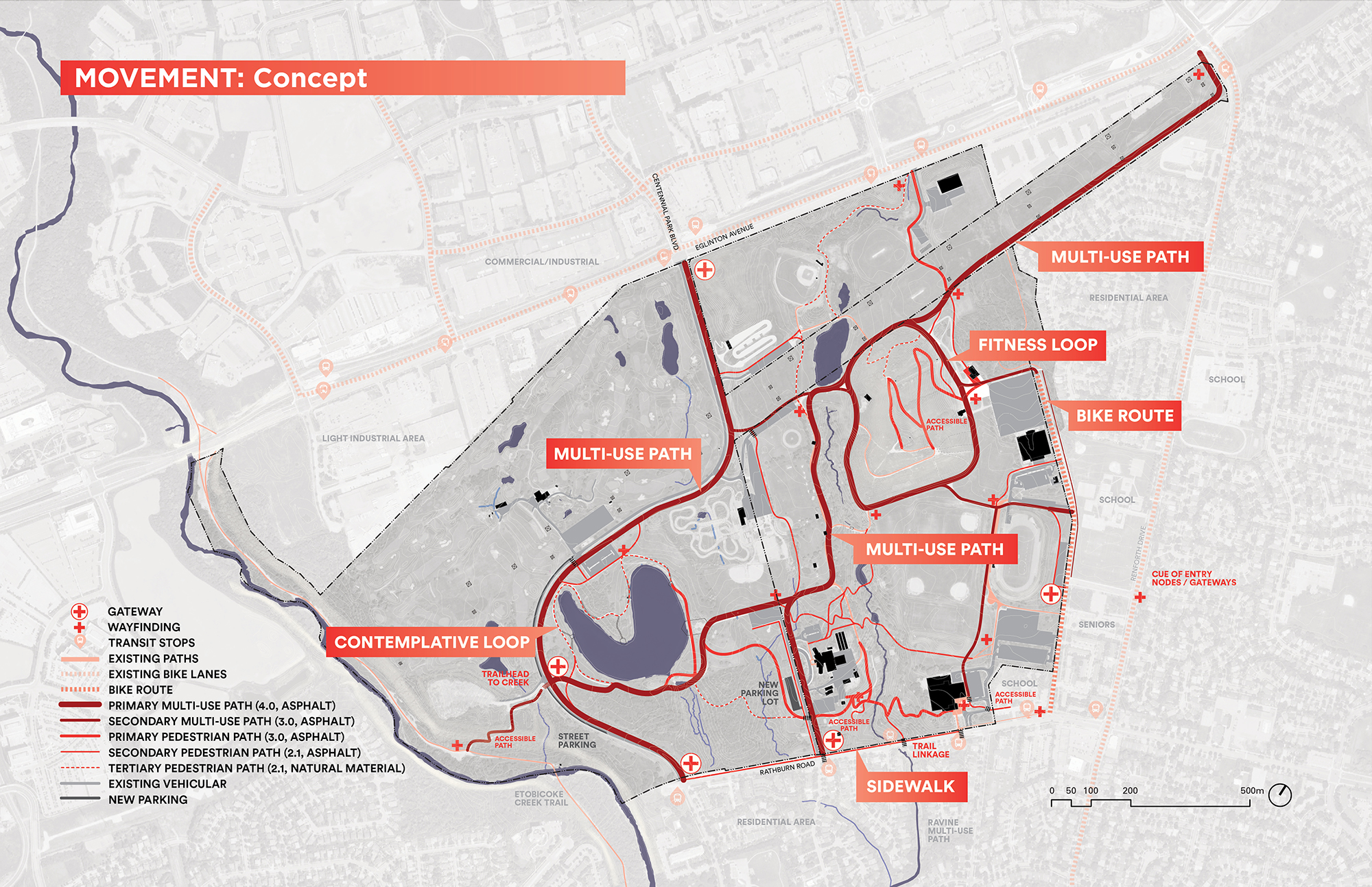 This plan image depicts the proposed accessibilty and movement concept. There is a system of accessible multi-use paths proposed that will both connect the site to the context (Etobicoke Creek, residential and industrial neighbourhoods, and major transit stations) north-south and east-west and also to new and existing program. A system of accessible pedestrian paths are also proposed to connect gaps and to create unique experiences across the site - a contemplative loop around the pond and a fitness loop around the hill, for example. New parking is proposed in discrete locations to support new or existing program (by the Etobicoke Creek trailhead, and the new playground)