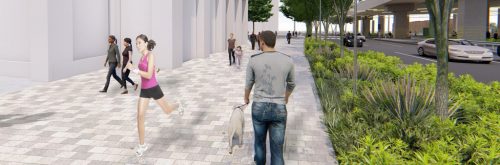 An artist rendering of South Lake Shore Blvd. South Sidewalk, with planted trees and vehicles on Lake Shore