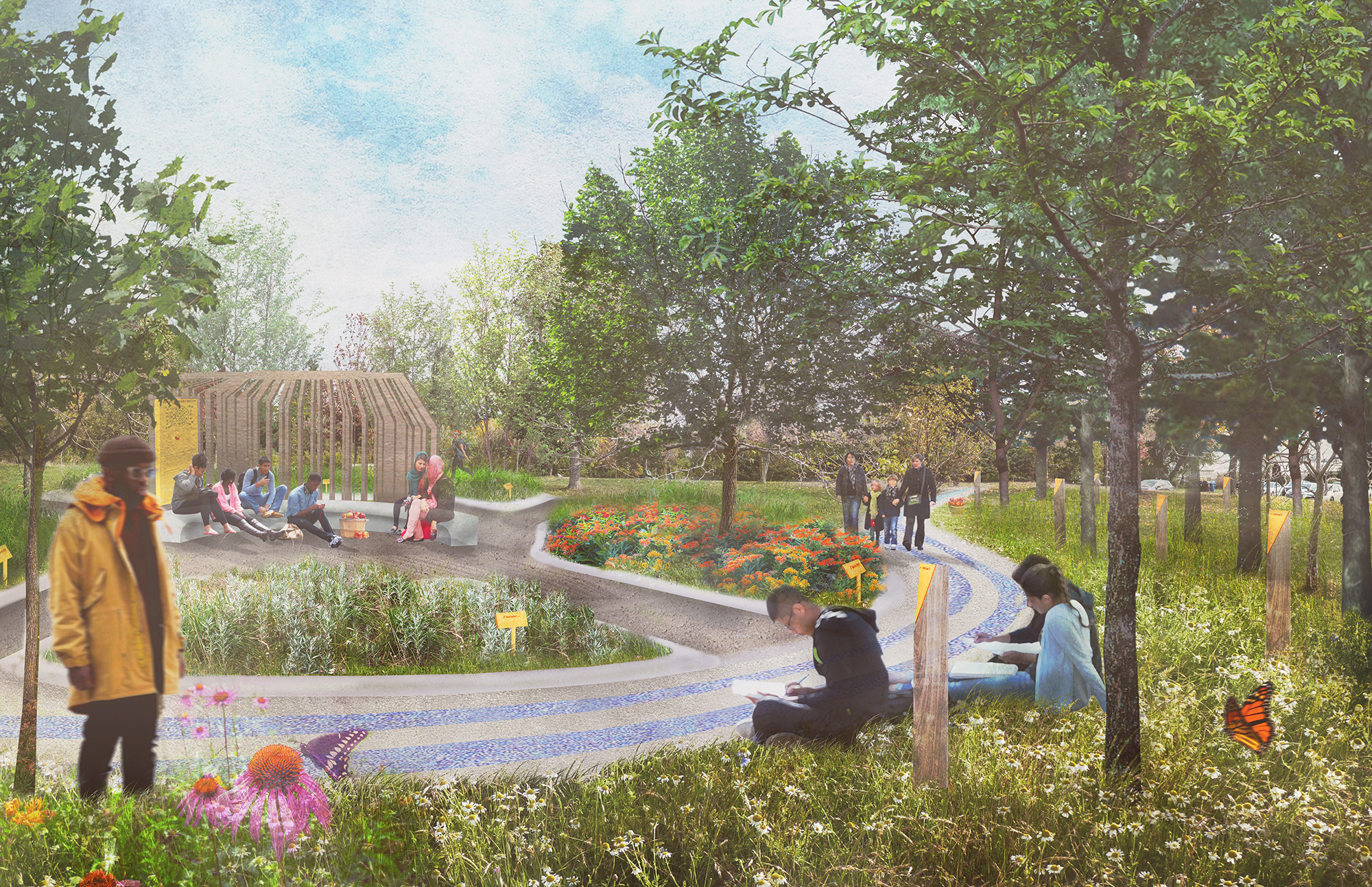 This view demonstrates what the Indigenous medicine garden and arboretum could look like. included in the image are a shelter in the centre of the medicine garden, hard surface paths, and tree markers.