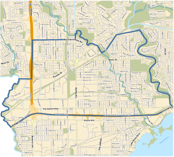Beginning at the intersection of the centre lines of the Humber River and Dundas Street West; Thence westerly along the centre line of Dundas Street West to the centre line of the Canadian Pacific Railway; Thence southerly along the centre line of said Railway to the centre line of Mimico Creek; Thence generally northwesterly along the centre line of Mimico Creek to the centre line of Kipling Avenue; Thence southerly along the centre line of Kipling Avenue to the centre line of Burnhamthorpe Road; Thence westerly along the centre line of Burnhamthorpe Road to the centre line of Highway No. 427; Thence southerly along the centre line of Highway No. 427 to the centre line of Dundas Street West; Thence westerly along the centre line of Dundas Street West to the westerly limit of the City of Toronto; Thence generally southerly along the westerly limit of the City of Toronto to the centre line of the Queen Elizabeth Way; Thence easterly along the centre line of the Queen Elizabeth Way and the Frederick G. Gardiner Expressway to the centre line of the Humber River; Thence northerly along the centre line of the Humber River to the point of beginning.