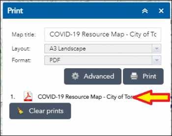 Display of the default print Menu showing Map Title (COVID-19 Resources Map), Layout(A4) and Format(pdf)
