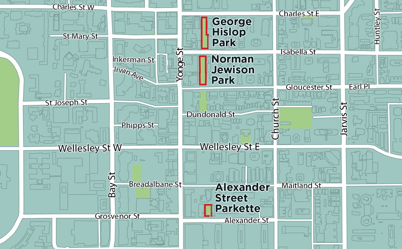 An aerial map image showing the placement of George Hislop Park, Norman Jewison Park, and Alexander Street Parkette. The existing parks are outlined in red, and located south of Charles Street East and east of Yonge Street.