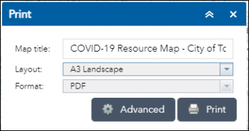 Display of the default print Menu showing Map Title (COVID-19 Resources Map), Layout(A4) and Format(pdf)