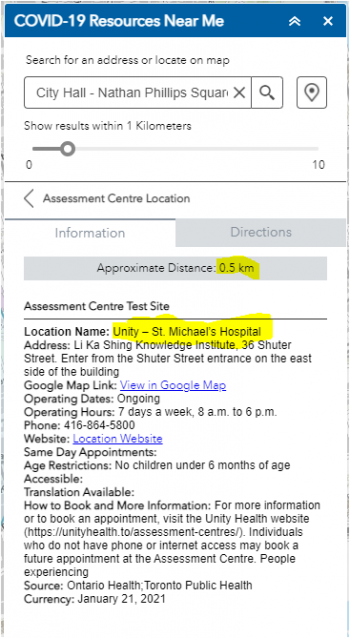 Display of the COVID-19 Resources Near Me menu with the details of the selected Assessment Centres listed