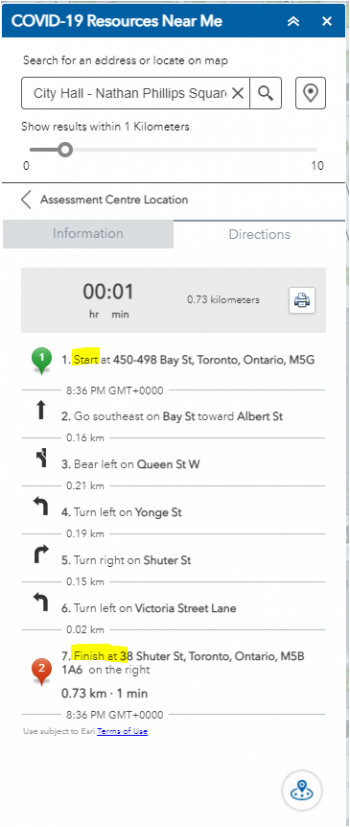 Display of turn by turn directions to the selected Assessment Centre