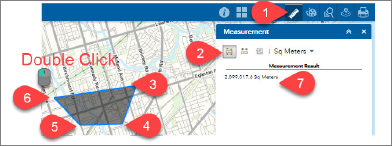 Display of Measurement tool for area measurement with numbers depicting the steps required to display an area measurement