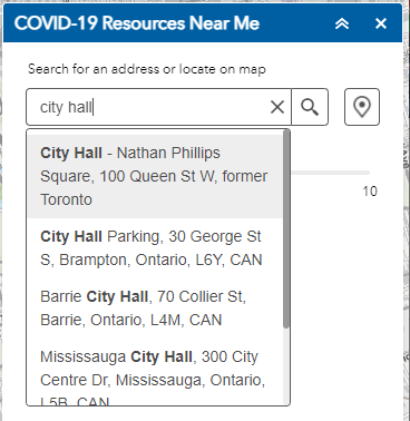 Display of search bar with "City Hall" typed in and a list of resulting type-ahead possibilities include City Hall in Mississauga and other places.