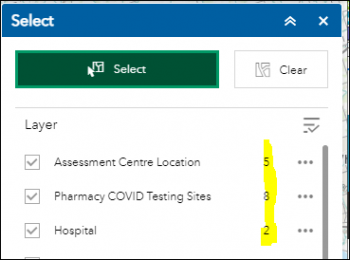 Display of the Select Menu listing Assessment Centre Location, Pharmacy COVID Testing Sites, Hospital along with number of selected features for each layer.