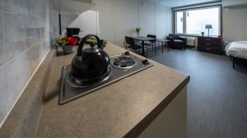 321 Dovercourt Rd. Kitchen counter with 2 electric stove burners and a kettle.