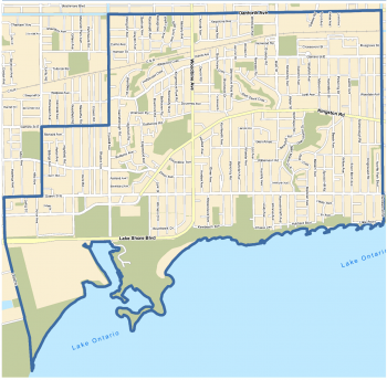 Beginning at the intersection of the centre lines of Danforth Avenue and Coxwell Avenue; Thence southerly along the centre line of Coxwell Avenue to the centre line of Gerrard Street East; Thence westerly along the centre line of Gerrard Street East to the centre line of Greenwood Avenue; Thence southerly along the centre line of Greenwood Avenue to the centre line of Queen Street East; Thence westerly along the centre line of Queen Street East to the centre line of Leslie Street; Thence southerly along the centre line of Leslie Street to the easterly projection of the centre line of Unwin Avenue; Thence south 30° 00' east to the southerly limit of the City of Toronto; Thence easterly along the southerly limit of the City of Toronto to the easterly limit of the former City of Toronto; Thence northerly along the easterly limit of the former City of Toronto to the intersection of the centre line of Bracken Avenue and the centre line of Victoria Park Avenue; Thence northerly along the centre line of Victoria Park Avenue to the intersection with the centre line of Danforth Avenue; Thence westerly along the centre line of Danforth Avenue to the point of beginning.