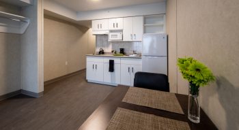 321 Dovercourt Rd. kitchen and dining area. Has fridge, sink, microwave and stove top with kettle.