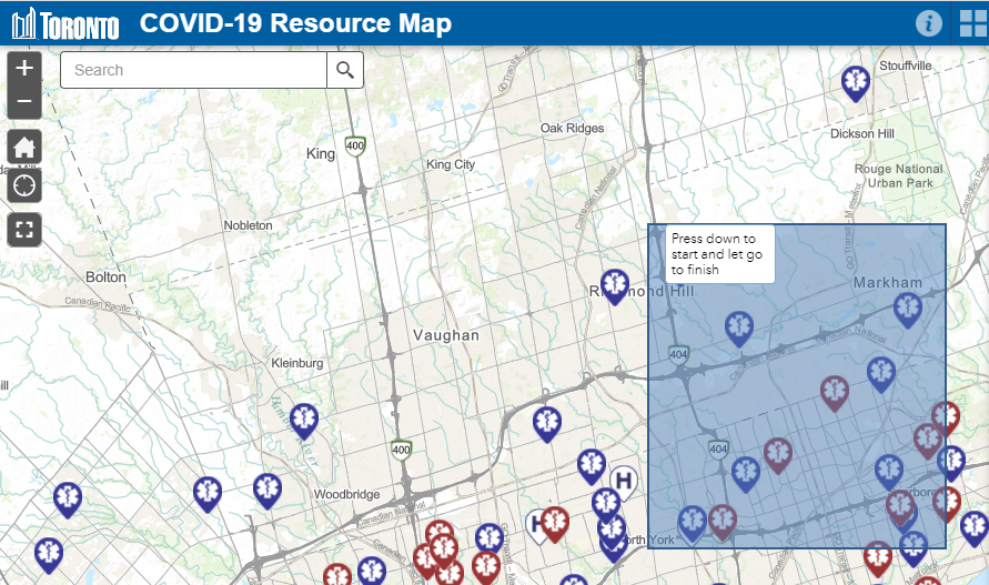 Display of the Map with the select tool results of clicking the mouse and dragging the mouse to includes a selection area.