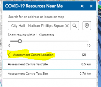 Display of the COVID-19 Resources Near Me menu with 2 Assessment Centres listed that fall within the buffer distance.