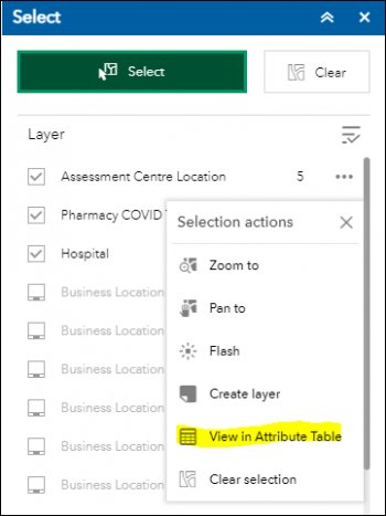 Display of the Selection Actions menu with "View in Attribute Table" highlighted.