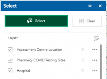 Display of the default Select Menu listing Assessment Centre Location, Pharmacy COVID Testing Sites, Hospital