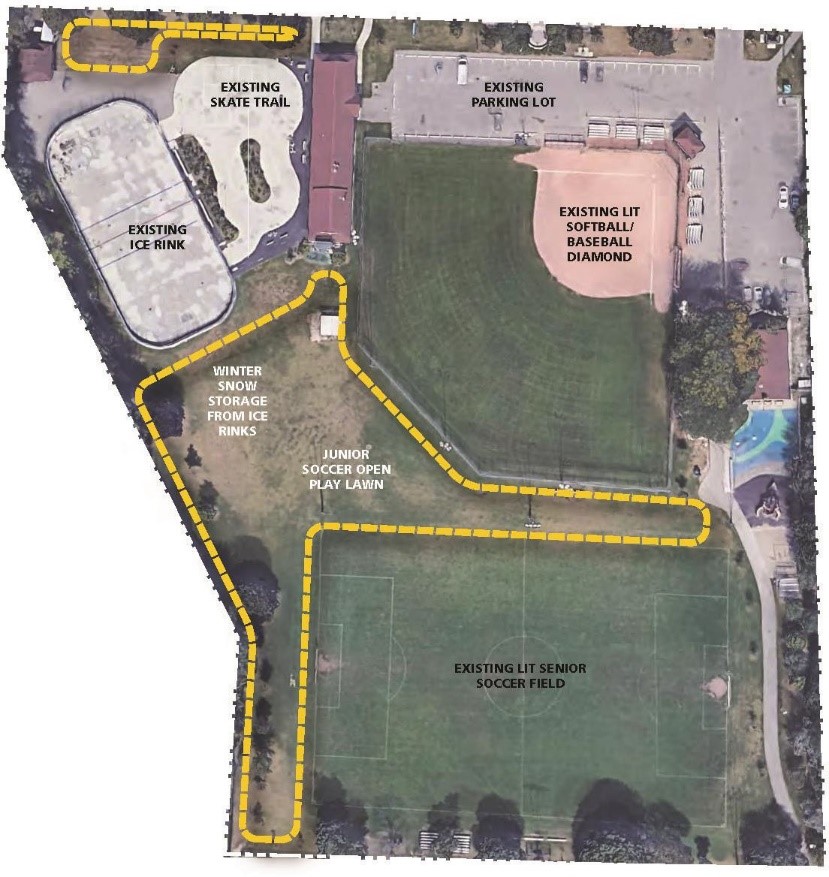 A satellite aerial view of Dieppe Park, with a yellow line outlining the areas to be improved by the project.