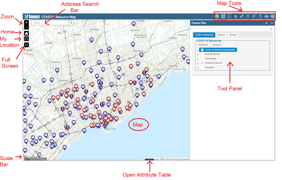 Detailed map showing the different parts of the map face including the Map Tools, Zoom Tools, Tool Panel, Address Search Bar, and the main Map window.