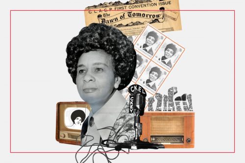Black and white portrait of Kay Livingstone against newspaper clippings, Canada Post stamps, CKEY-FM microphone and two vintage radios.