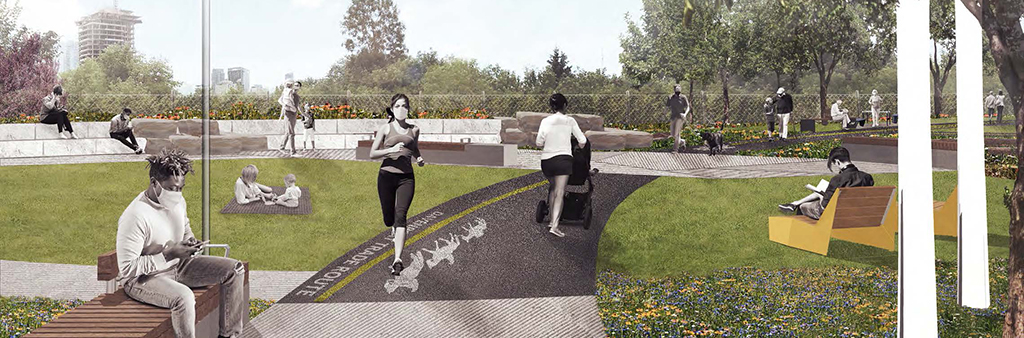 A computer rendering of people enjoying the park. Some people are running and some are sitting or walking. They are wearing masks over their lower faces.