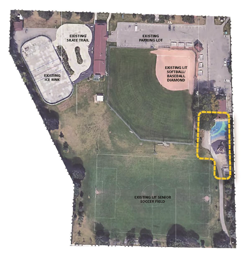 A satellite aerial view of Dieppe Park, with a yellow line outlining the family play zone.