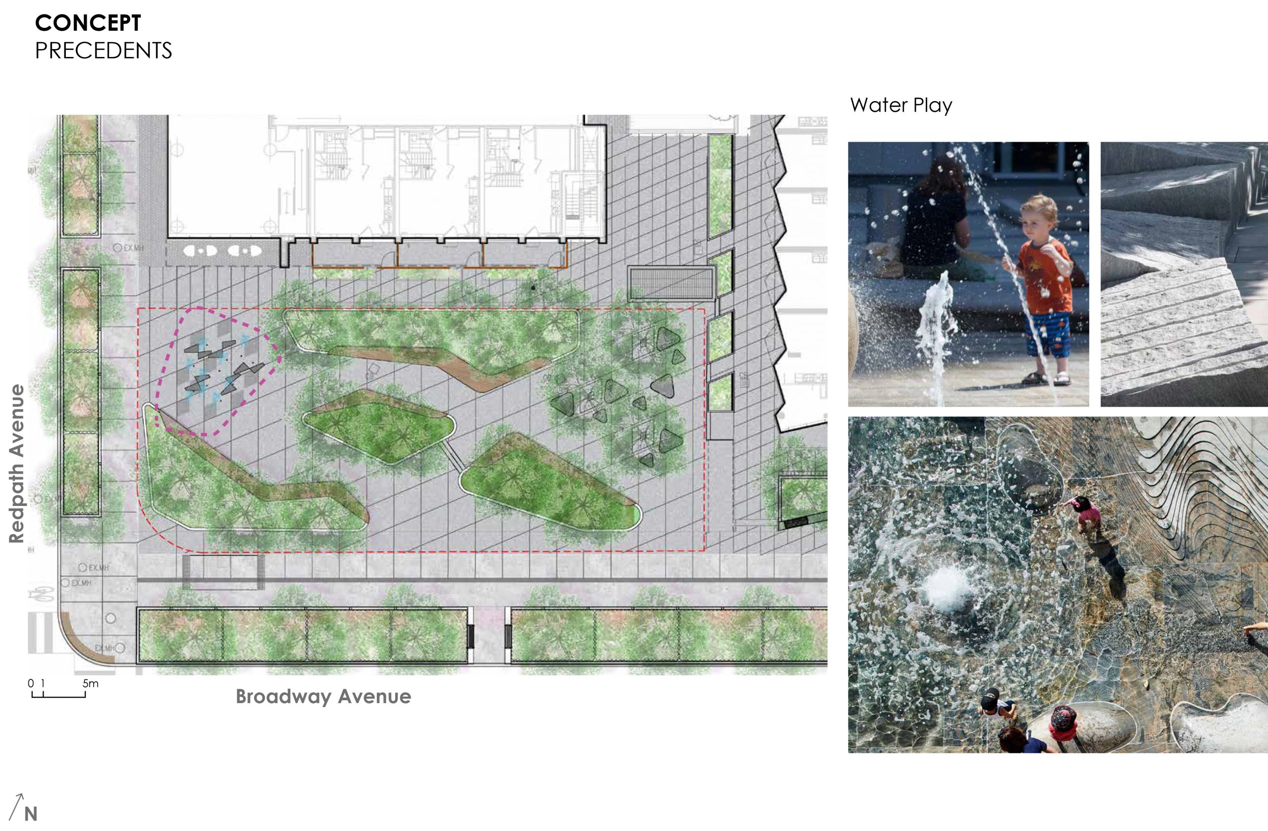 An image that provides some examples of the water play elements proposed for the new park. This includes an image of an in-ground fountain.
