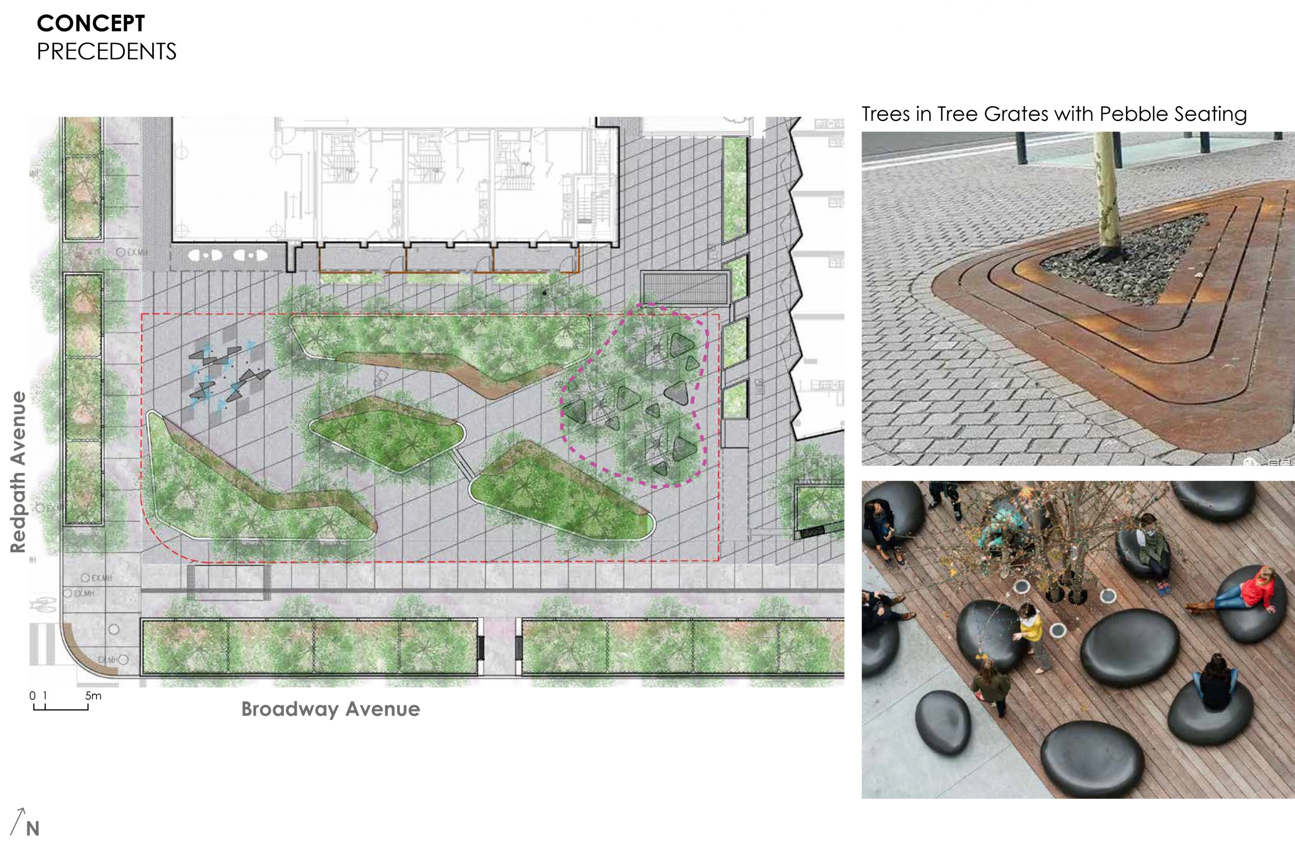 An image that provides some examples of the material treatments for tree grates and sculptural seating stones.