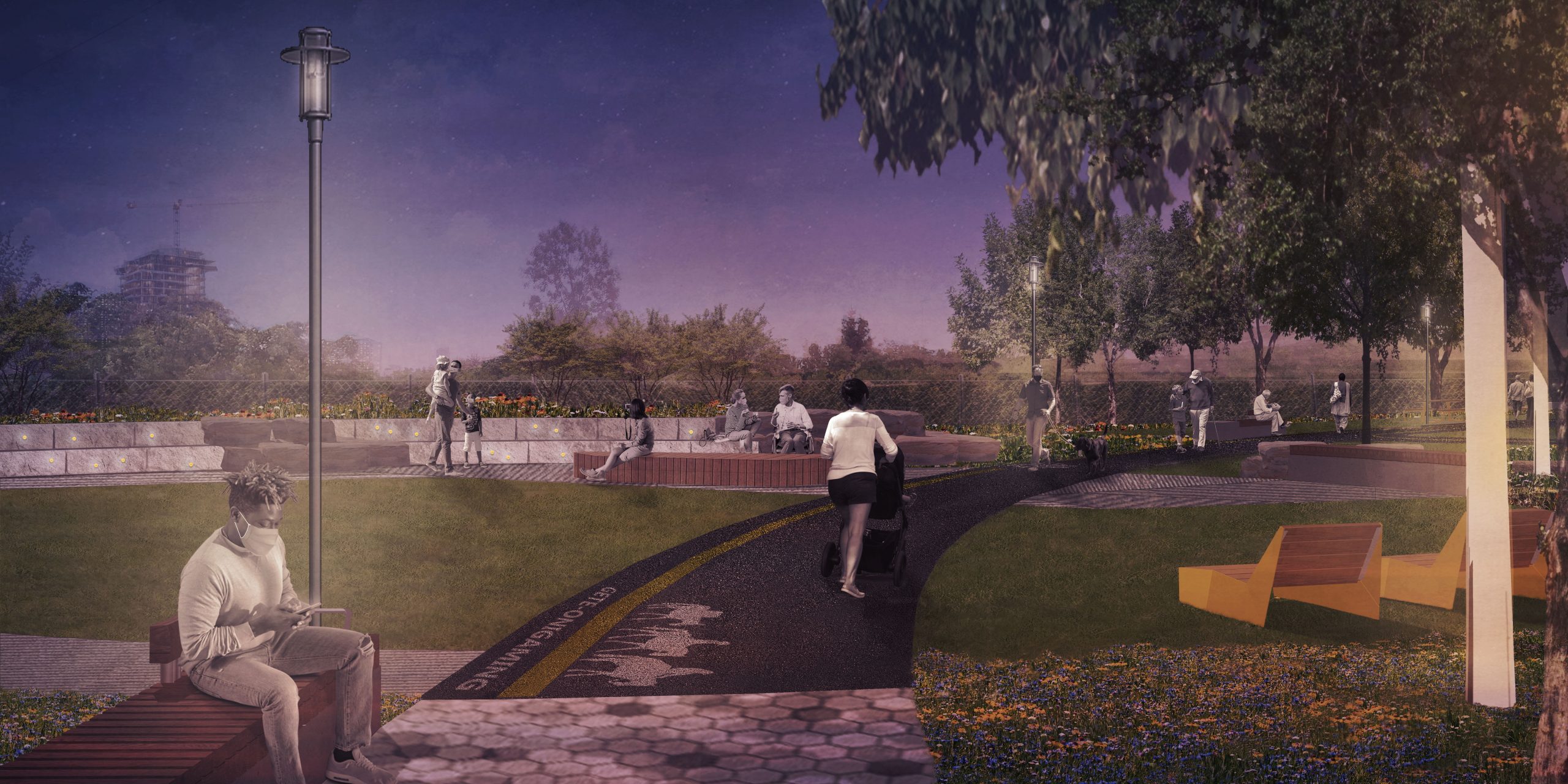 Perspective rendering of the new park at Macpherson Avenue, looking Southwest from the east park entrance. Featured in this image are park users using the park pathways with children, a woman pushing a stroller, and various other users using the seating areas. The image provides a look at the park