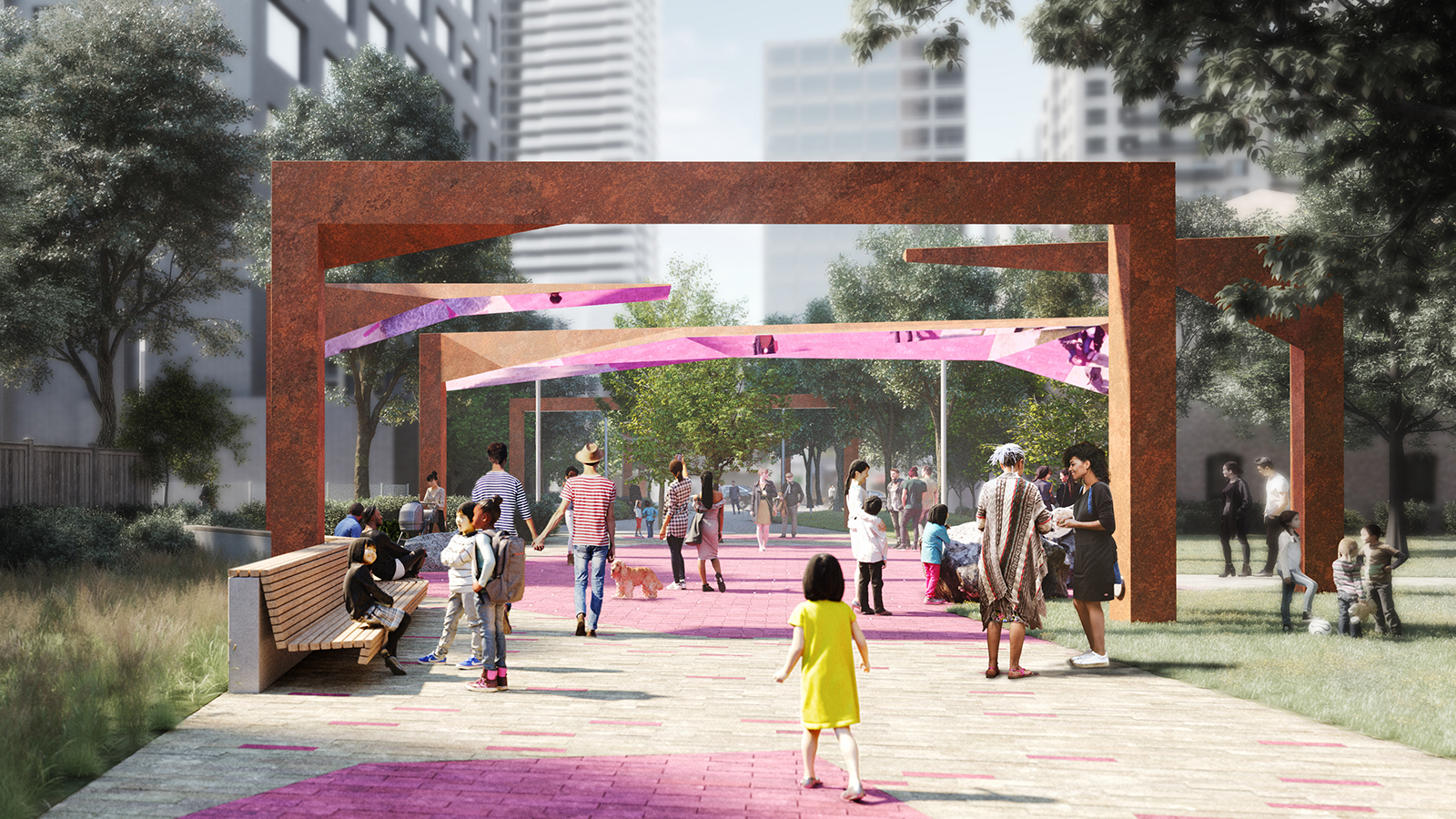 This rendering is a view created by the artist, of the integrated LGBTQ2S+ element in the park. It features manipulated archways with reflective surfaces as well as pink lighting and paving to create a "dance floor" within the park. This image shows a daytime view.