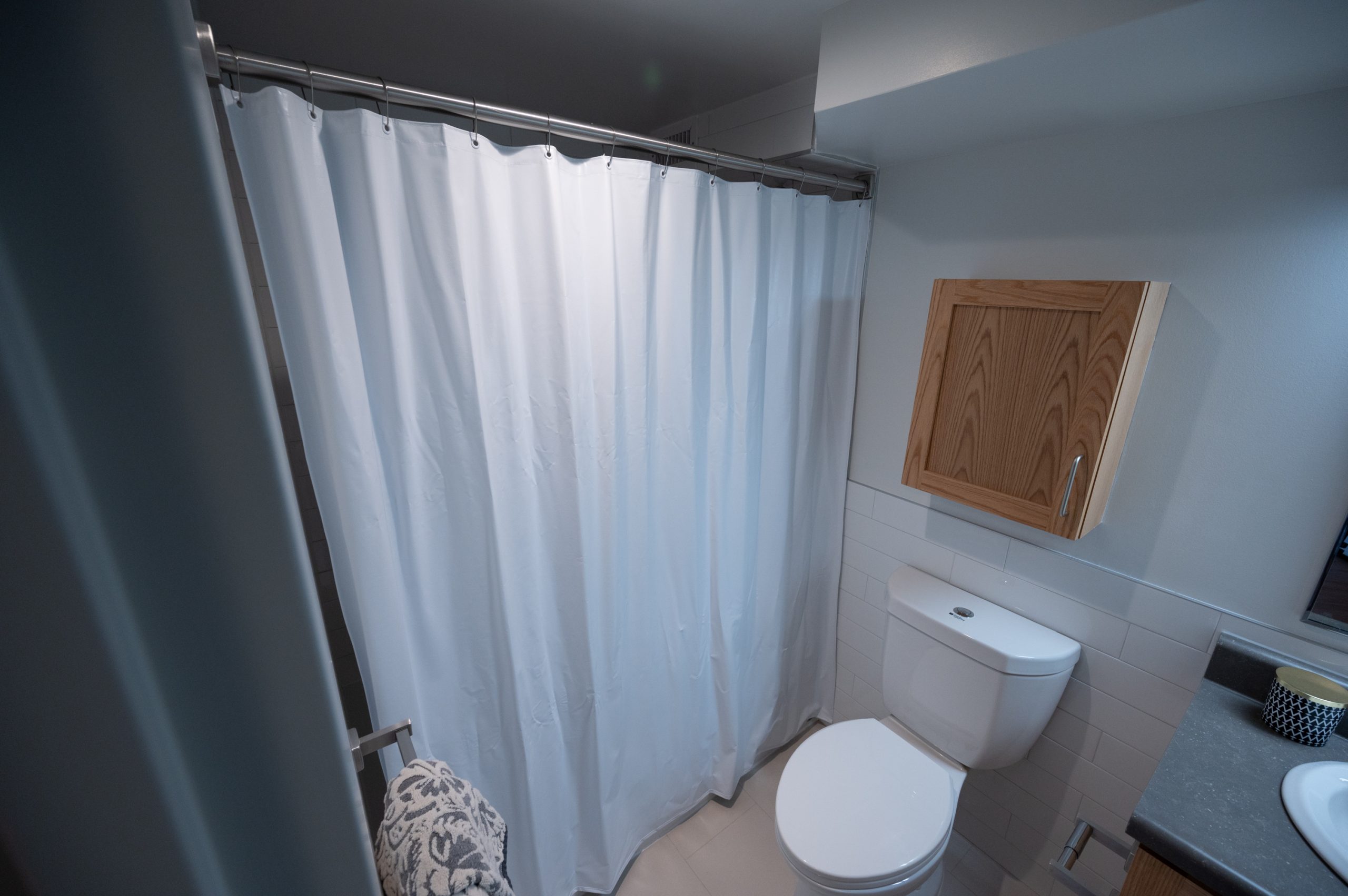 Shower curtain and toilet in bathroom of 389 Church St. unit