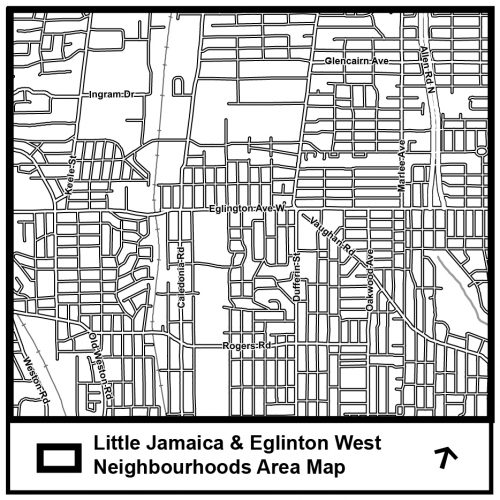 The study area graphic depicts a geographic area from which a more specific boundary will be determined through community input. This graphic shows an area that generally consists of the Allen Expressway to the east, Keele Street to the west, Castlefield Avenue to the north and Rogers Road to the south.