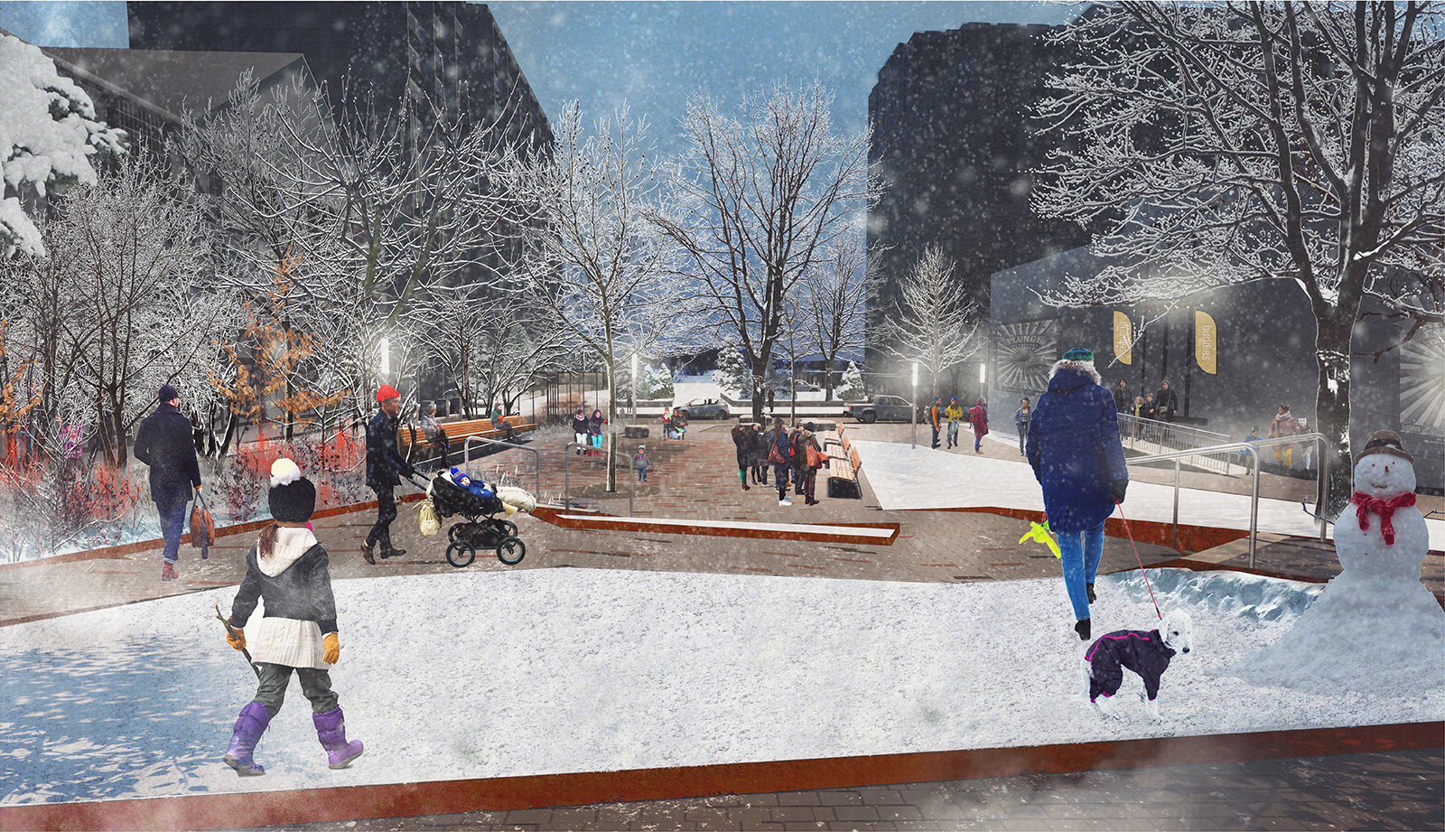 This is a perspective view of Alexander Street Parkette looking from the North side of the park, towards the centre of the park. The view is a winter time view. Park users are seen using the various pathways and plaza area.