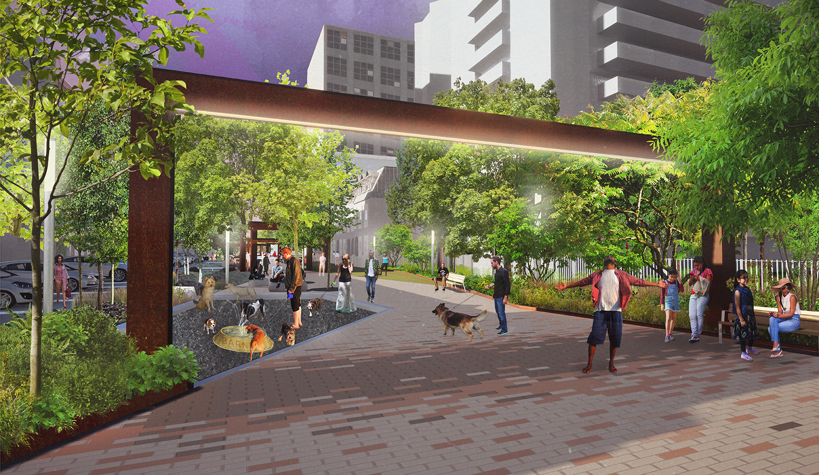 This rendering is a view from the South side of Norman Jewison Park. This view shows the lighting produced by the archways, it shows the dog relief area, it shows what the planting might look like.